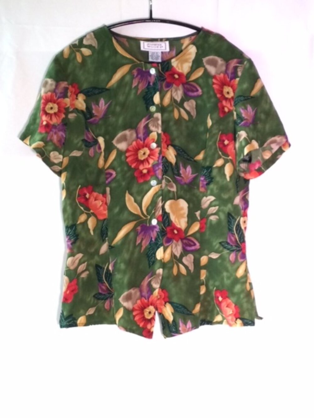 Jennifer Moore 100% Silk Floral Blouse Women's Green Button Front Top
